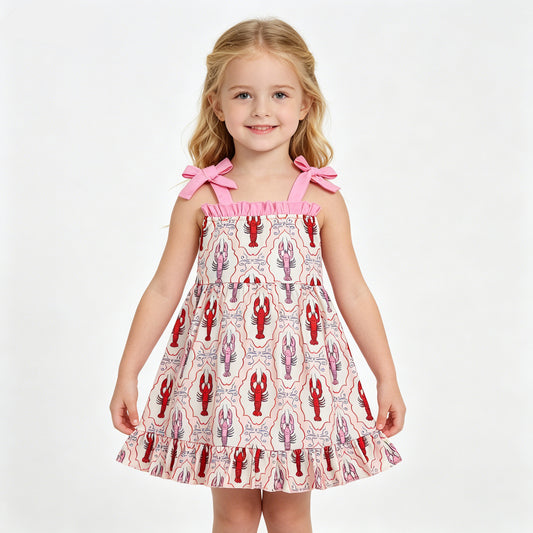 Toddler Girl Lobster Print Dress - Pink Bow Strap Tiered Ruffle Summer Sundress