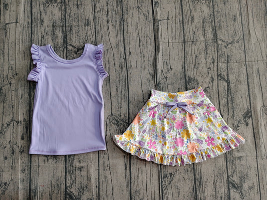 (In Production)Baby Girls Purple Vest Colorful Floral Pockets Scallop Skirt Short Yoga Active Outfit