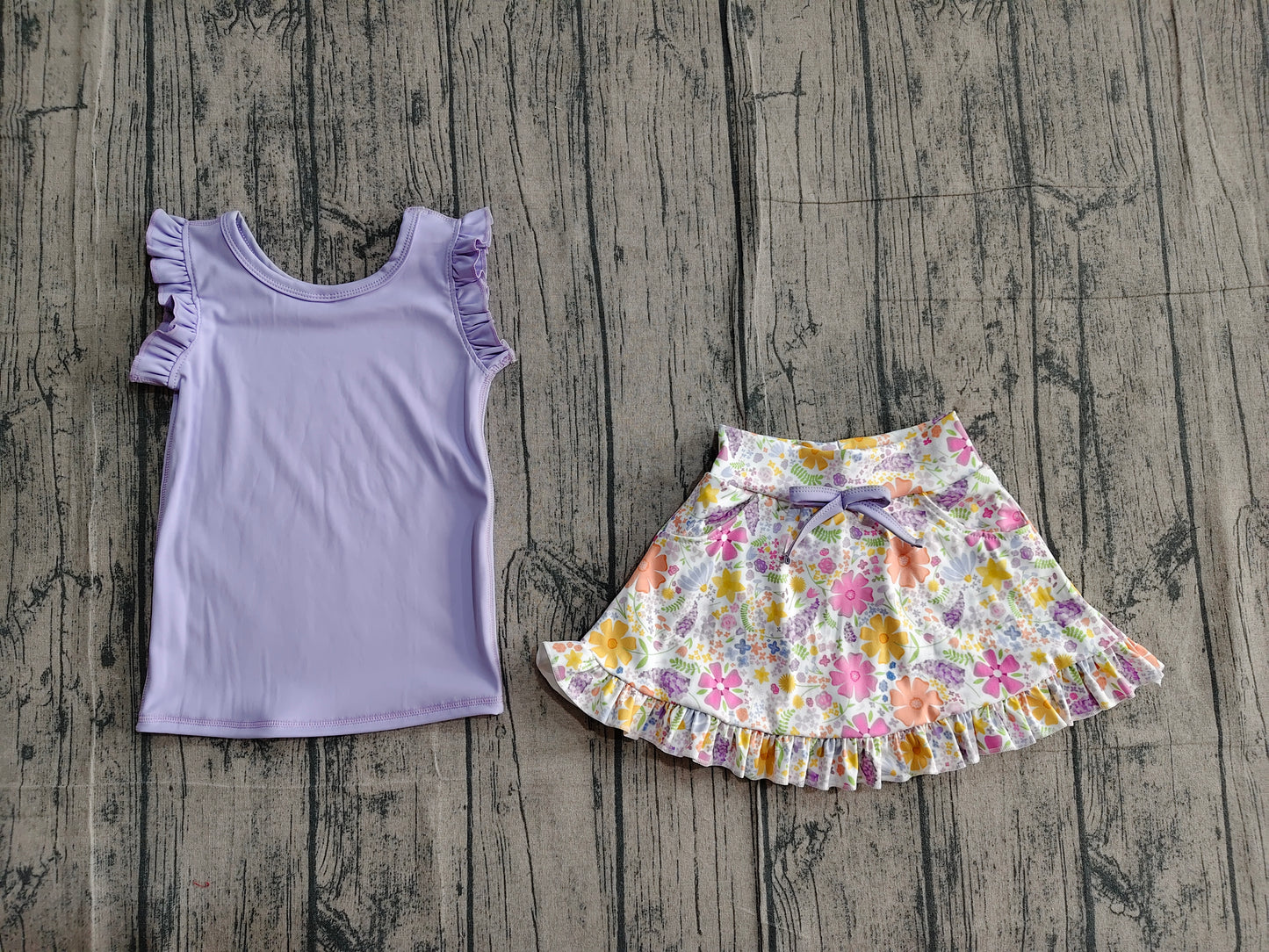 (In Production)Baby Girls Purple Vest Colorful Floral Pockets Scallop Skirt Short Yoga Active Outfit