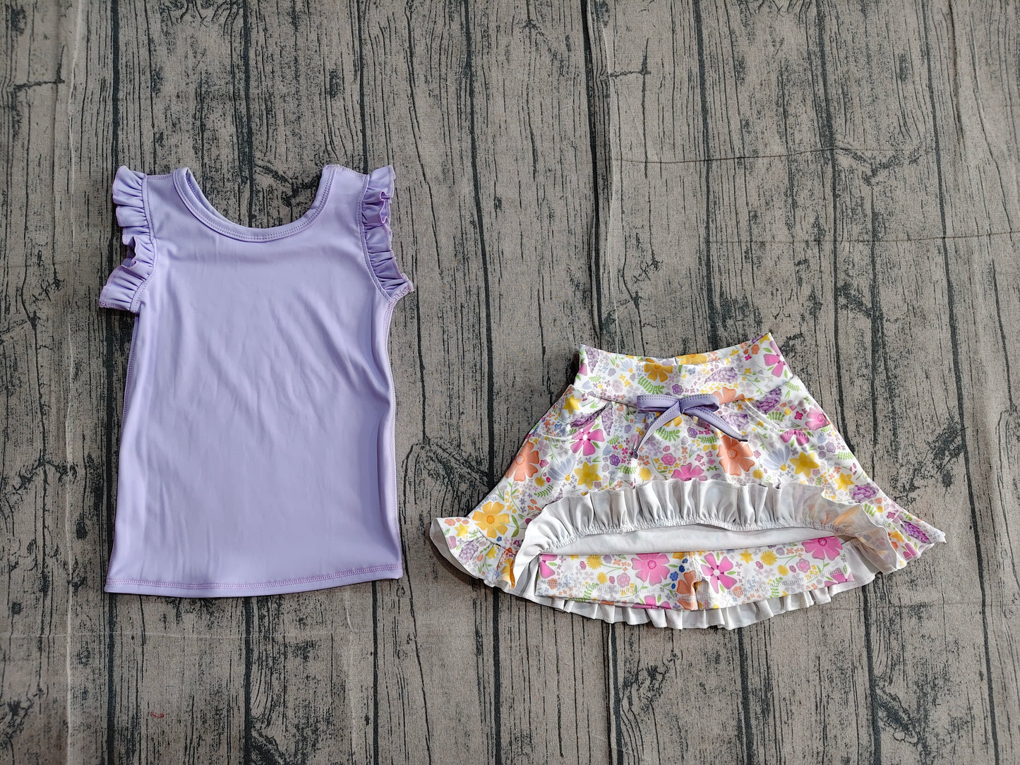 (In Production)Baby Girls Purple Vest Colorful Floral Pockets Scallop Skirt Short Yoga Active Outfit