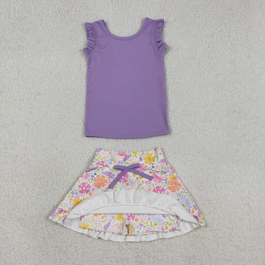 GSD3771 Purple Top & Flowers Skirts Shorts Yoga Sets Baby Girls Active Wear