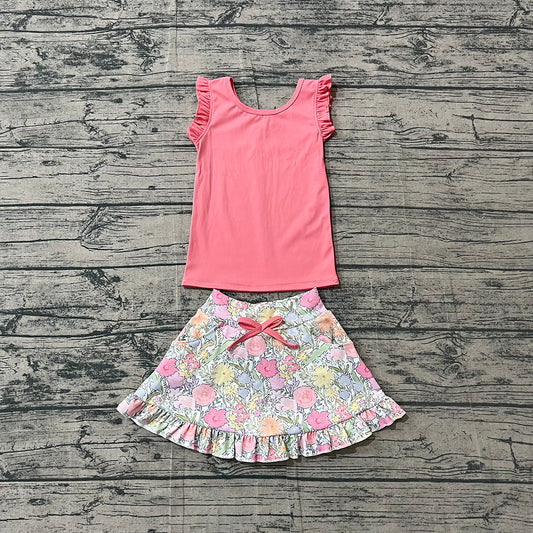 GSD3772 Preorder Pink Vest Top Flowers Skirts Girls Summer Yoga Clothes Set