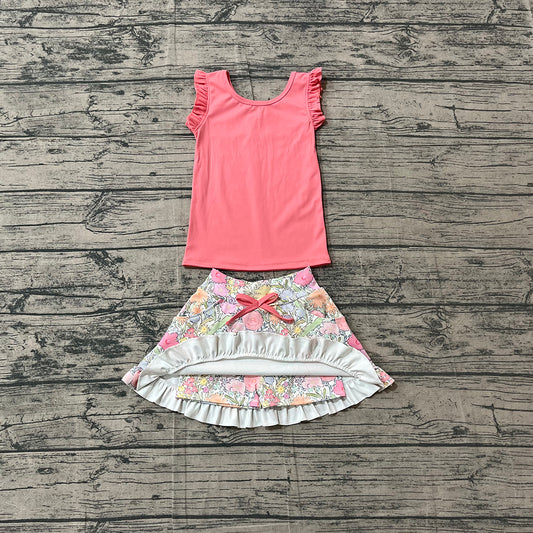 GSD3772 Preorder Pink Vest Top Flowers Skirts Girls Summer Yoga Clothes Set
