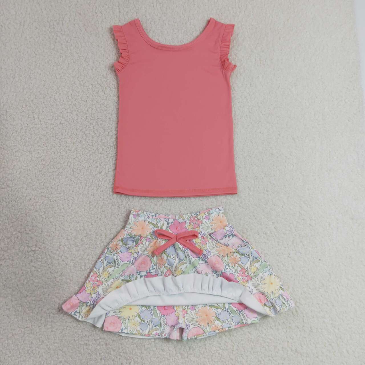 GSD3772 Pink Vest Top Flowers Pockets Skort Girls Summer Yoga Clothes Set