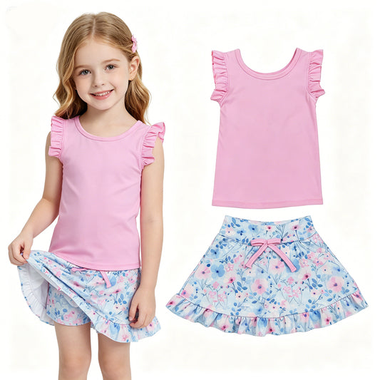 GSD3773 Baby Girls Pink Vest Blue Pink Floral Skort Yoga Active Outfits