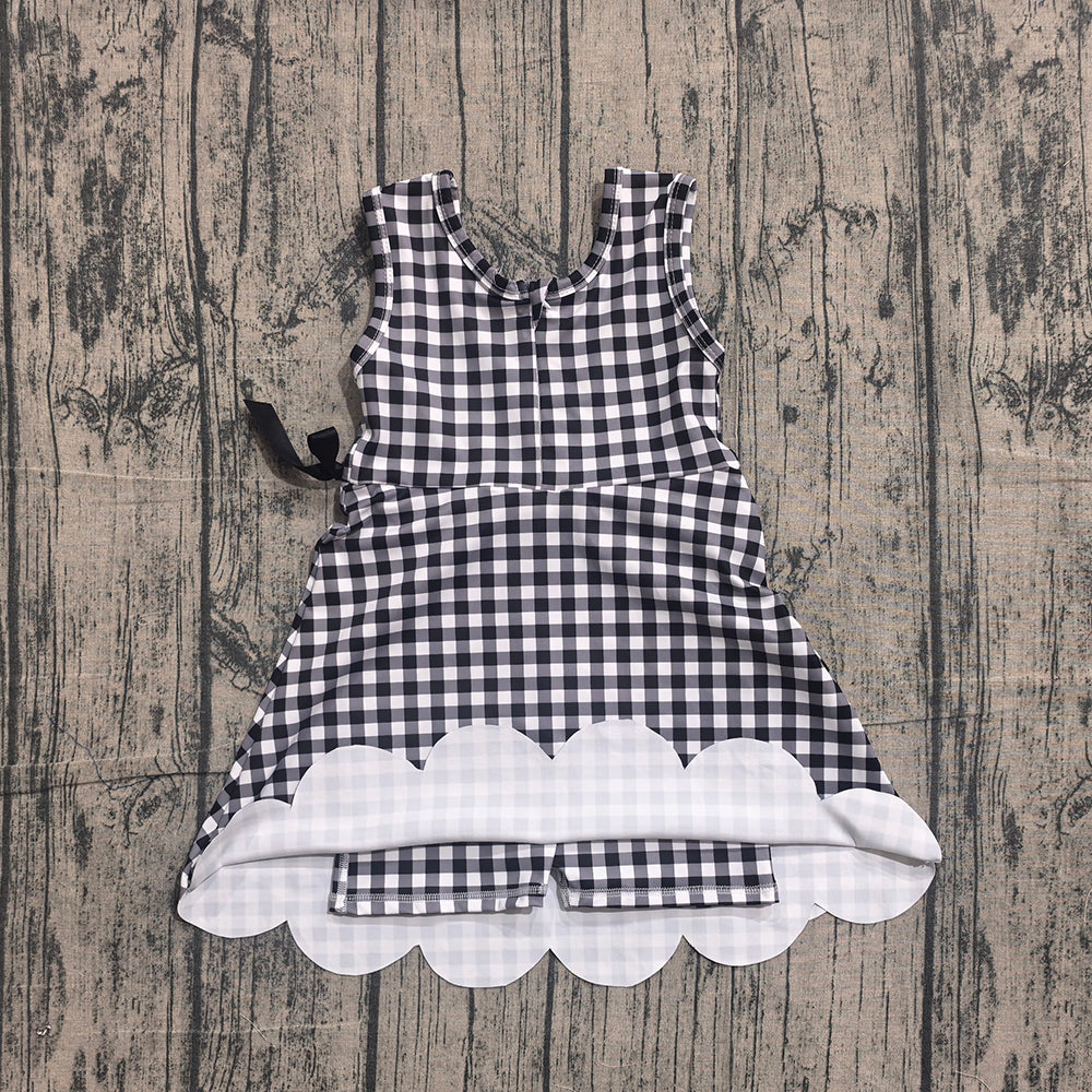Preorder GSD3777 Black Plaid Print Girls Bows Scallop Yoga Dress