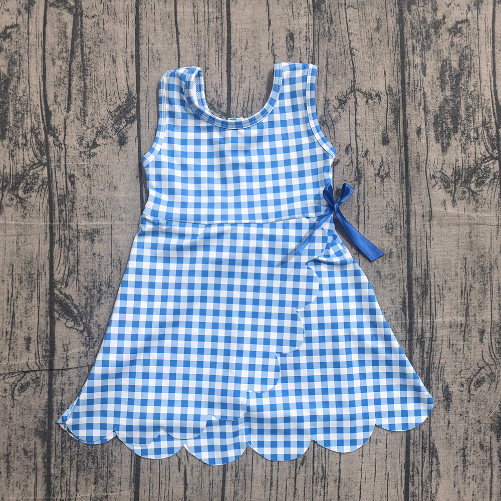 Preorder GSD3778 Blue Plaid Print Girls Bows Scallop Yoga Dress