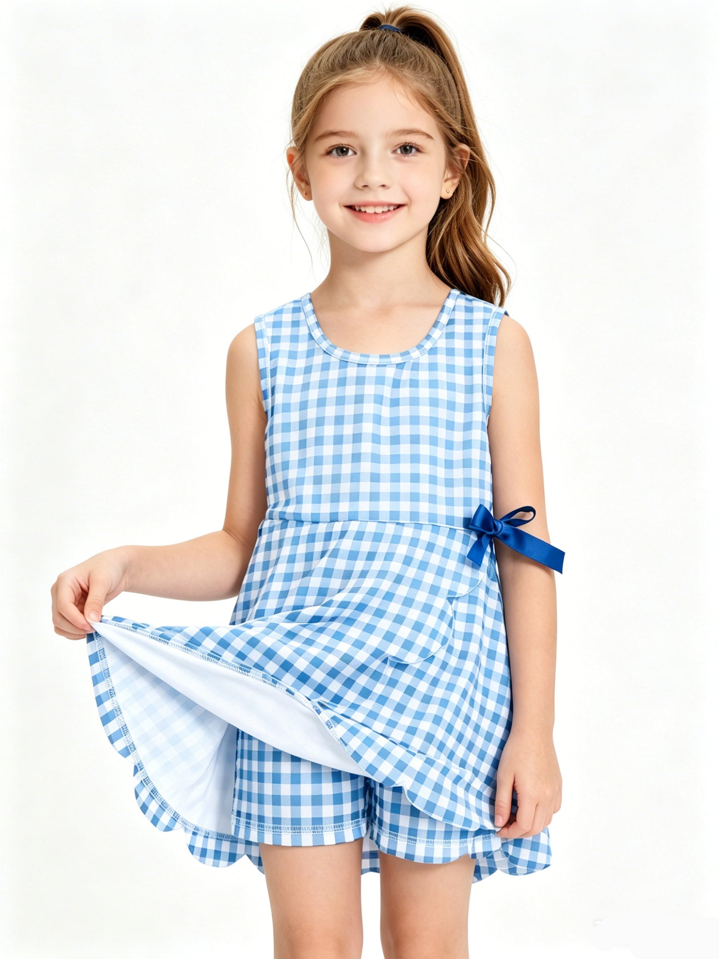 GSD3778 Blue Plaid Print Girls Bows Scallop Yoga Active Zipper Dress