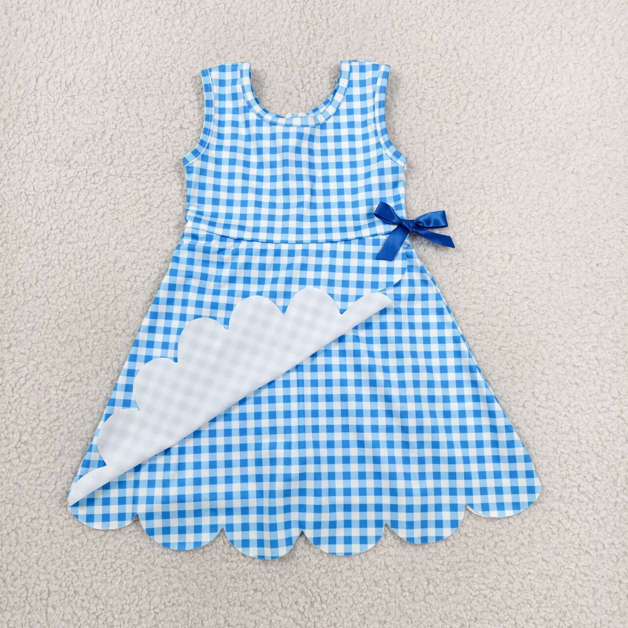 GSD3778 Blue Plaid Print Girls Bows Scallop Yoga Active Zipper Dress