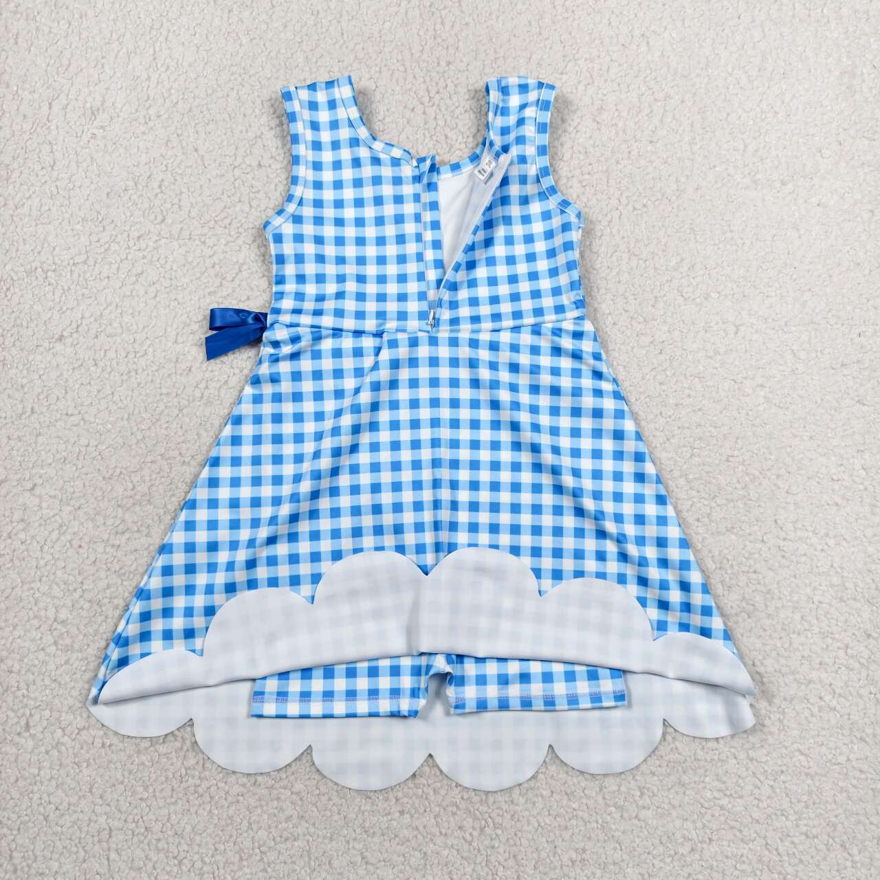 GSD3778 Blue Plaid Print Girls Bows Scallop Yoga Active Zipper Dress