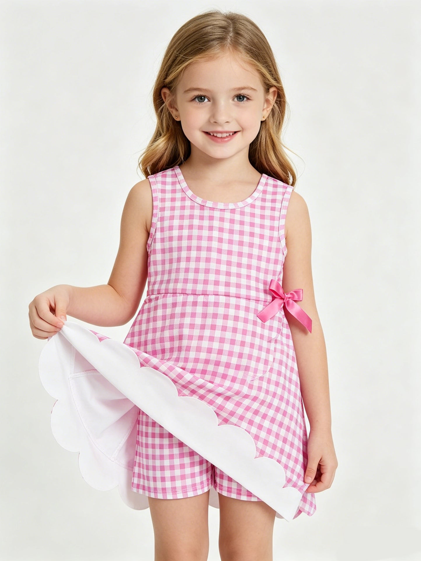 Baby Girls Pink Gingham Sleeveless Ruffle Zipper Scallop Active Dress