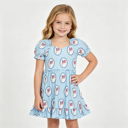 GSD3792 Flag Stripes Print Girls 4th of July Knee Length Dress