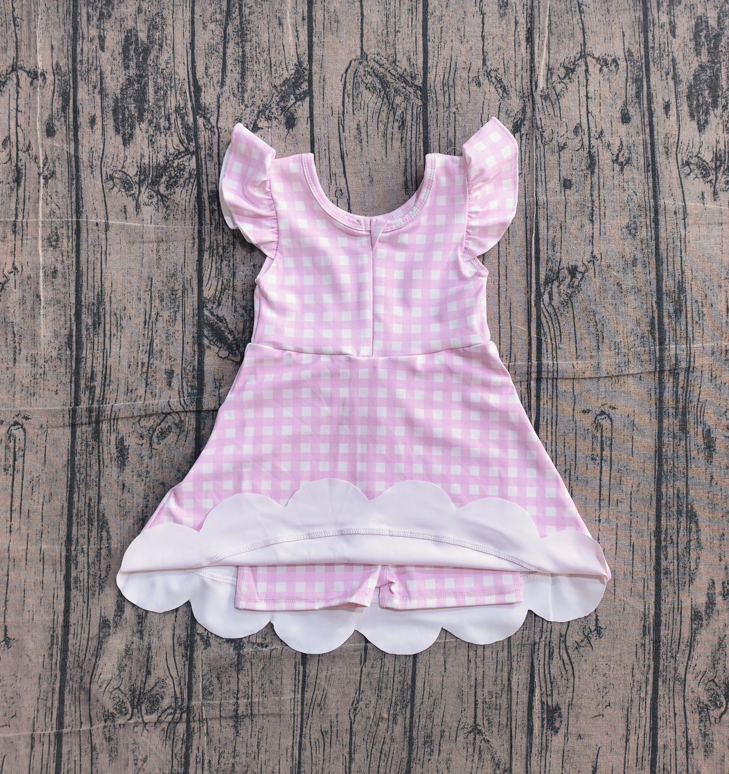 Toddler Girls Pink Gingtham Flutter Sleeve Knee Length Scalloped Dress Preorder