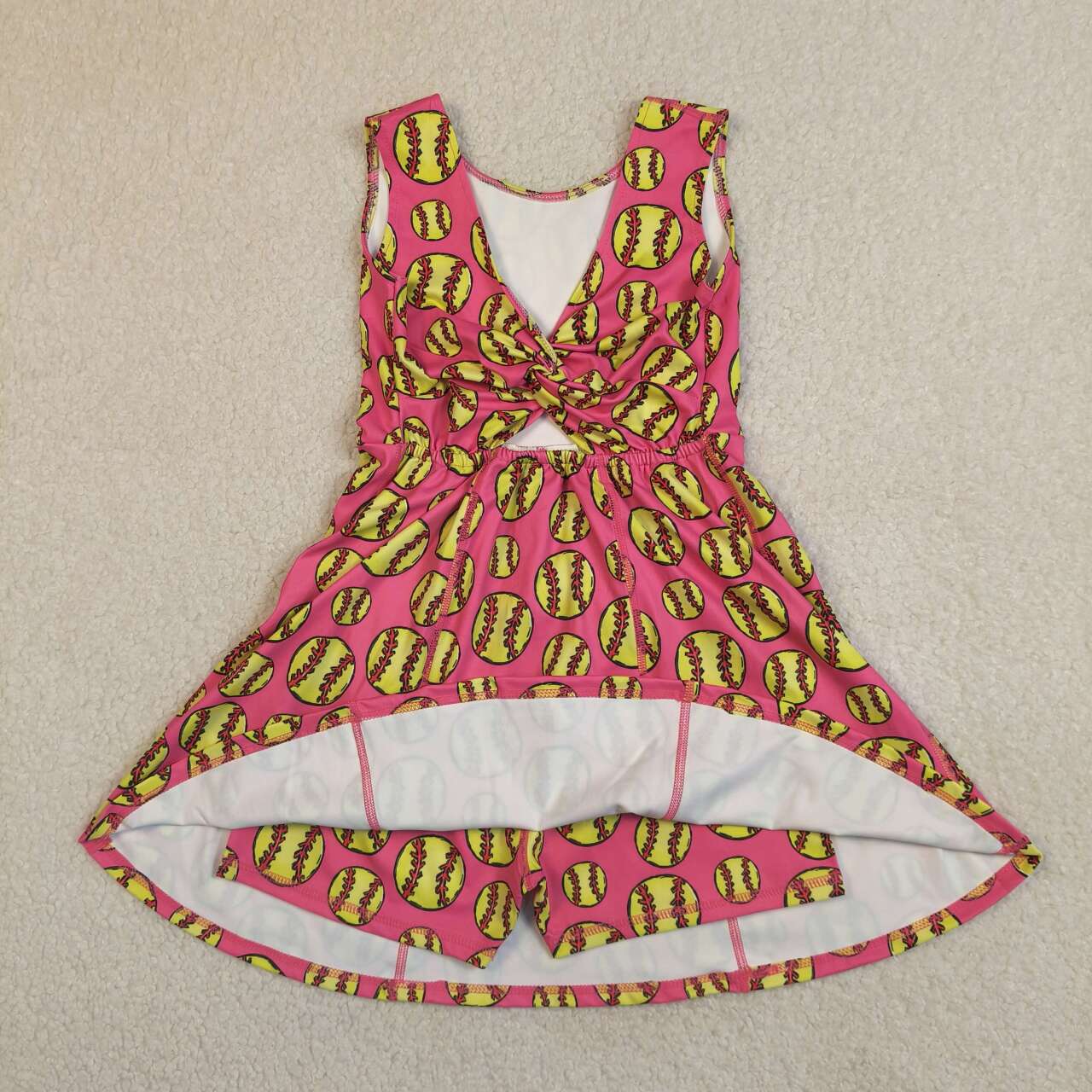 Girls Pink Softball Print Actice Dress - Sleeveless Twisted Back with Built-in Shorts