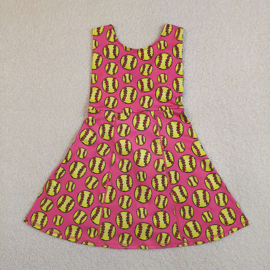 Girls Pink Softball Print Actice Dress - Sleeveless Twisted Back with Built-in Shorts
