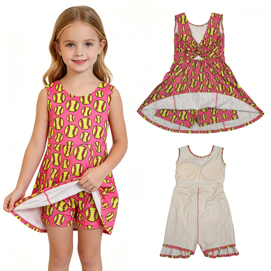 Girls Pink Softball Print Actice Dress - Sleeveless Twisted Back with Built-in Shorts