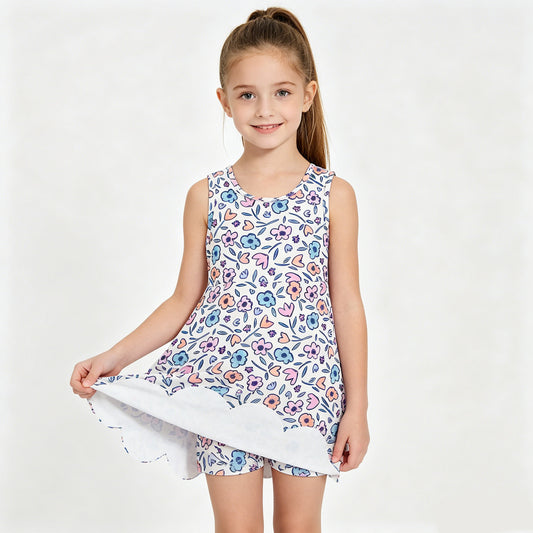 GSD3808 Pink Blue Flowers Girls Summer Scallop Yoga Dress