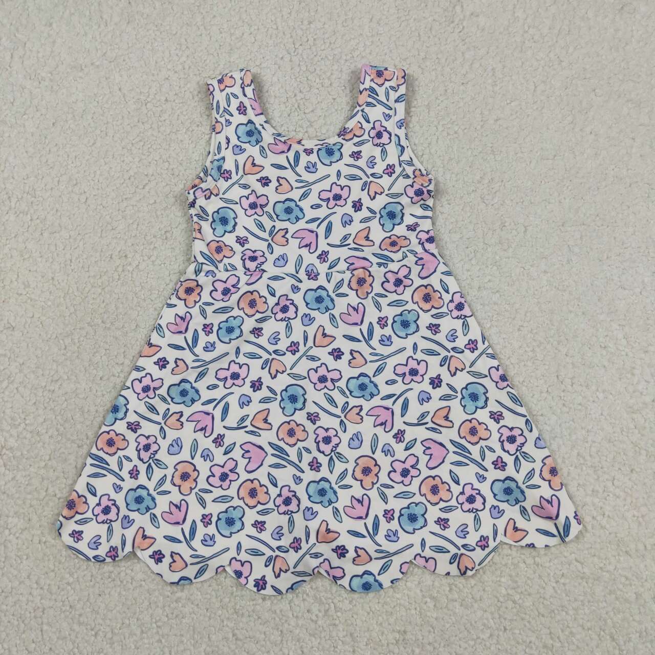 GSD3808 Pink Blue Flowers Girls Summer Scallop Yoga Dress