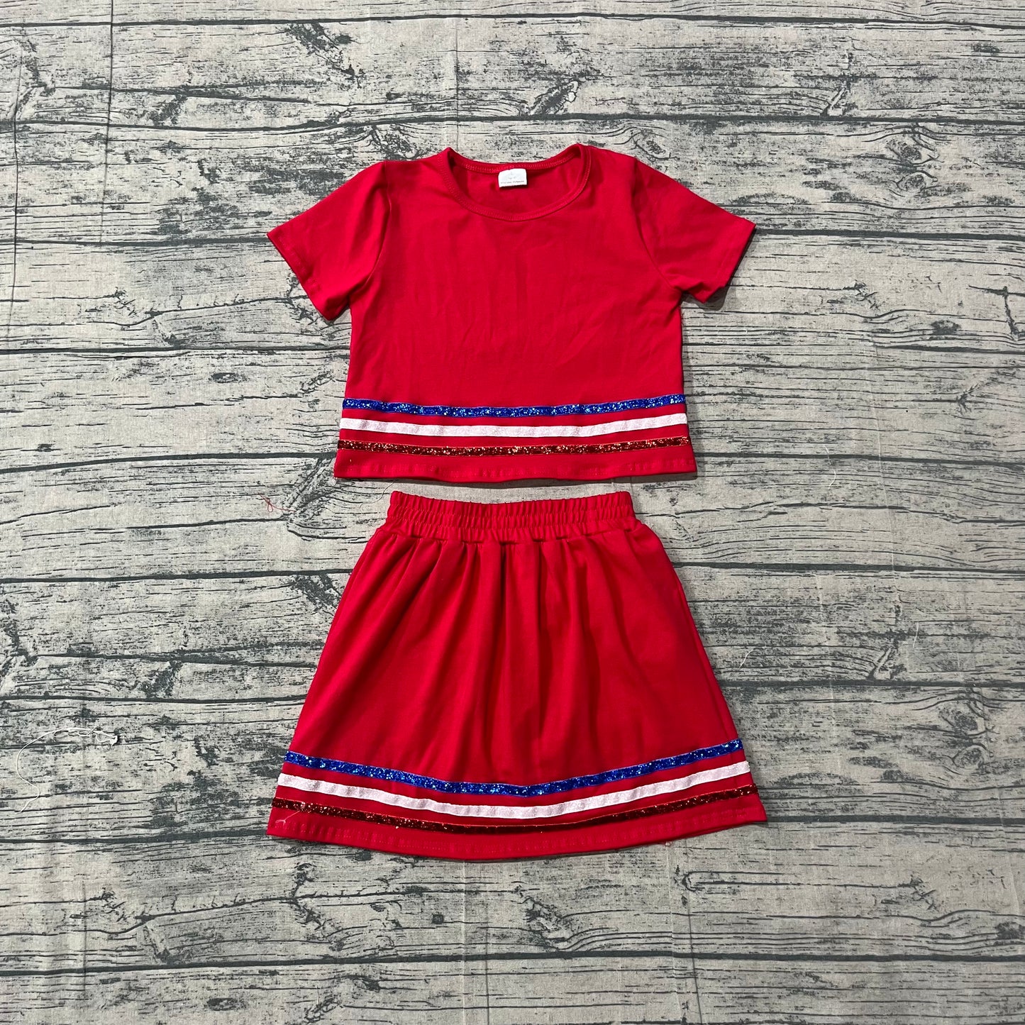 Preorder Girls 4th of July Red Outfit - Sequin Stripe Crop Top & Skort Set