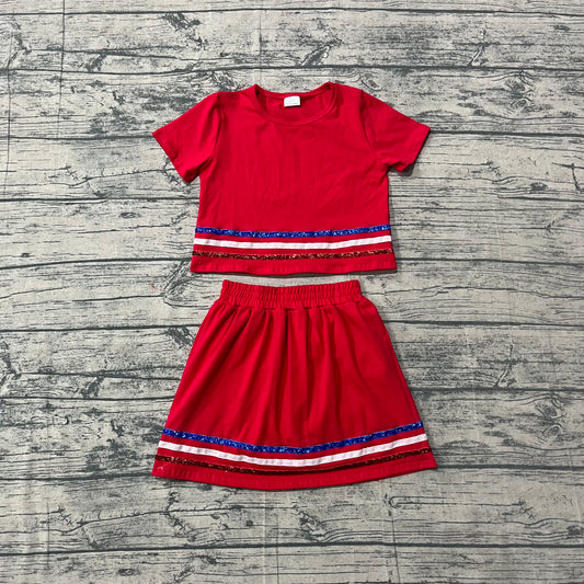 Preorder Girls 4th of July Red Outfit - Sequin Stripe Crop Top & Skort Set