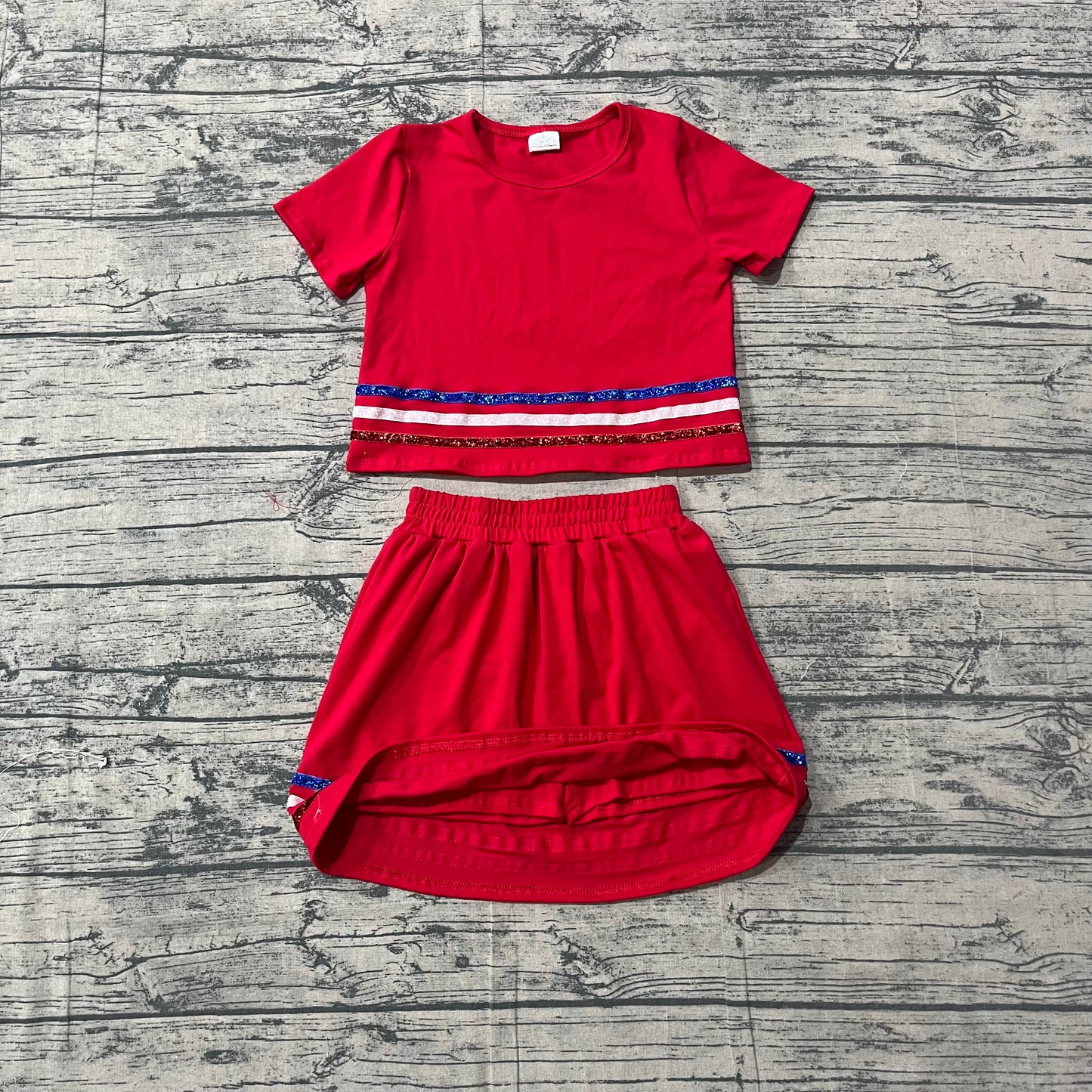 Preorder Girls 4th of July Red Outfit - Sequin Stripe Crop Top & Skort Set