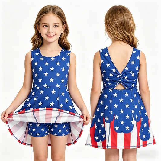 GSD3813 Stars StripesDrip Girls 4th of July Shorts Knee Length Yoga Dress
