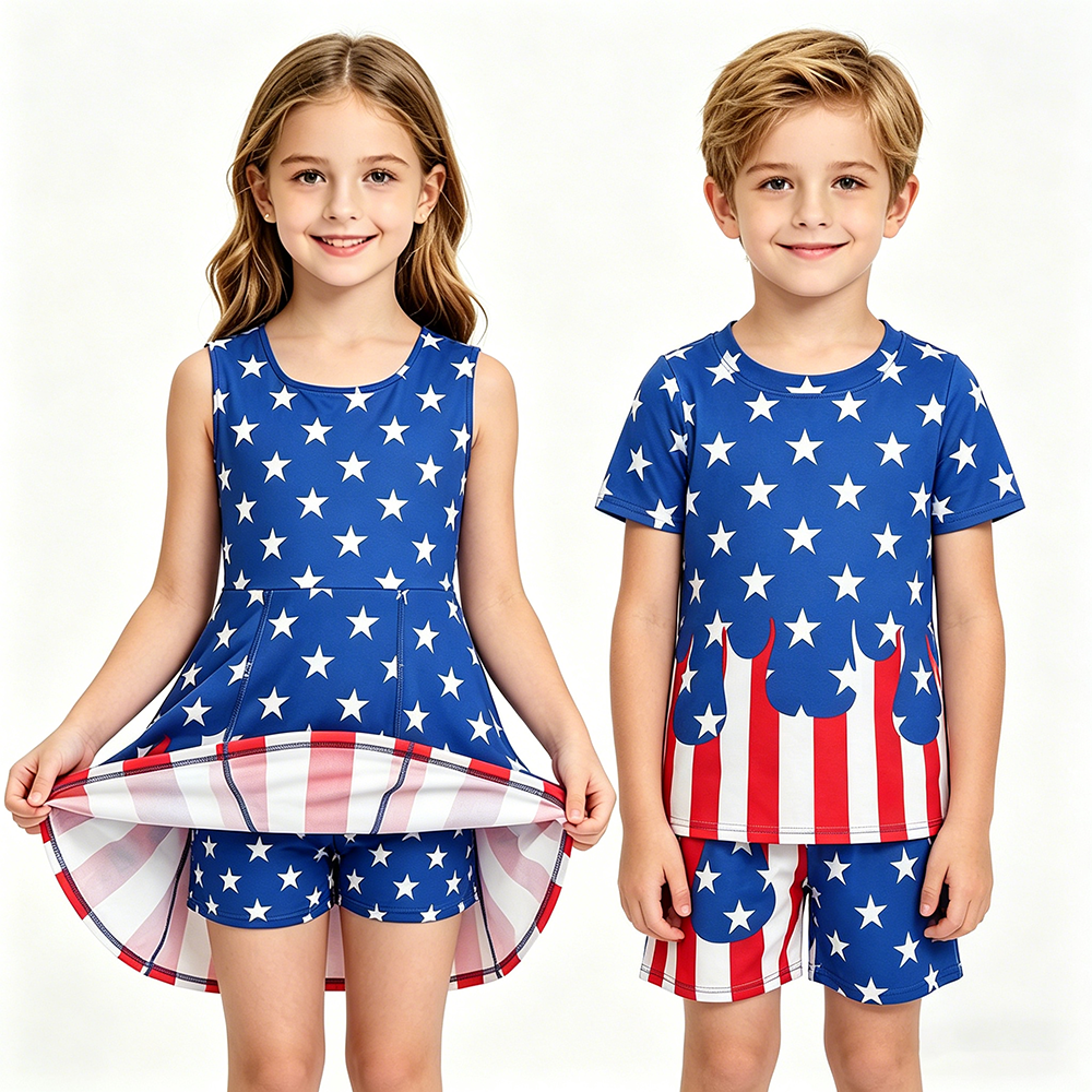 Stars Drip Print Boys Outfits Girls Yoga Dress Sibling 4th of July Matching Clothes