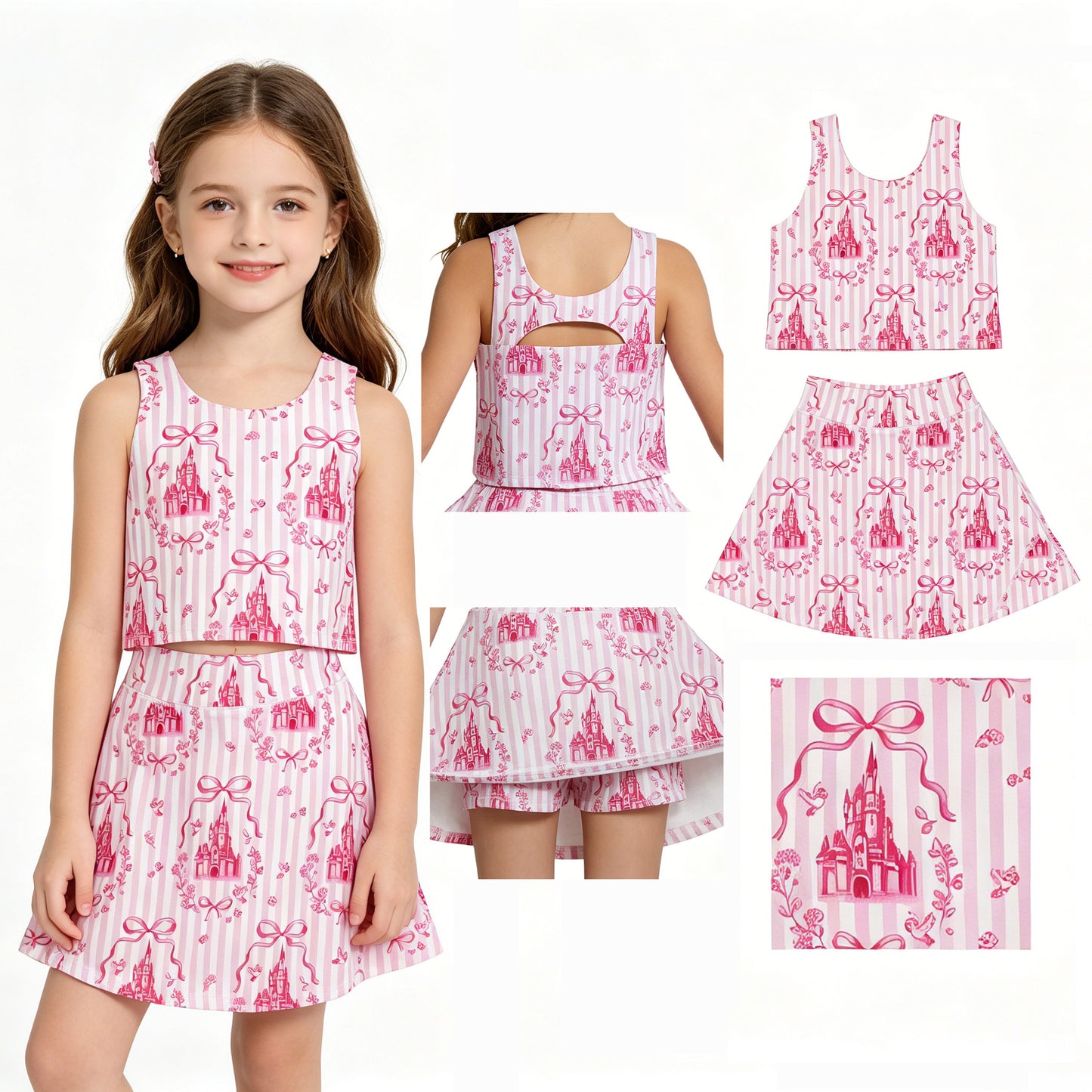 GSD3814 Pink Stripe Bows Castles Tank Top Skort Baby Girls Yoga Active Clothes Set