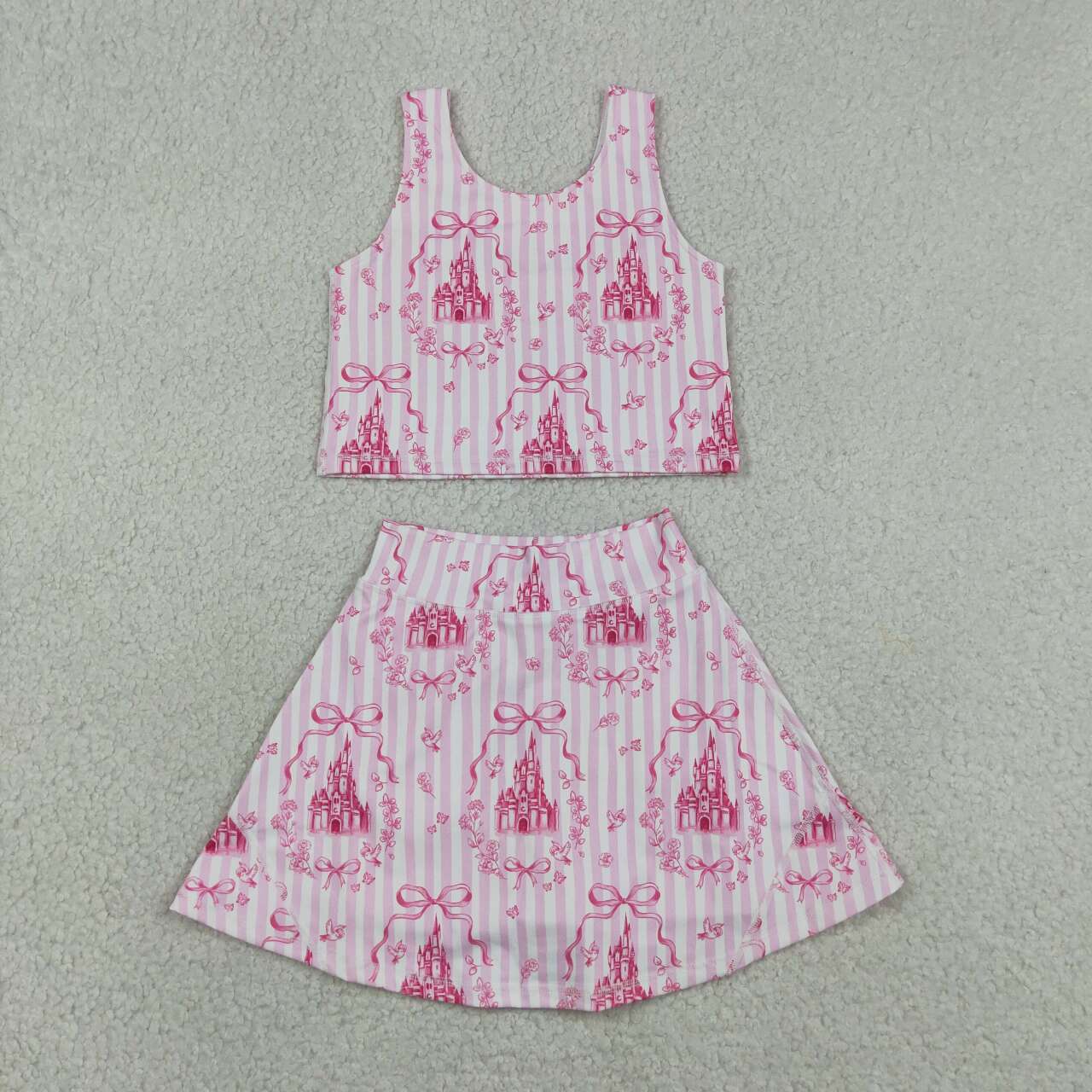 GSD3814 Pink Stripe Bows Castles Tank Top Skort Baby Girls Yoga Active Clothes Set