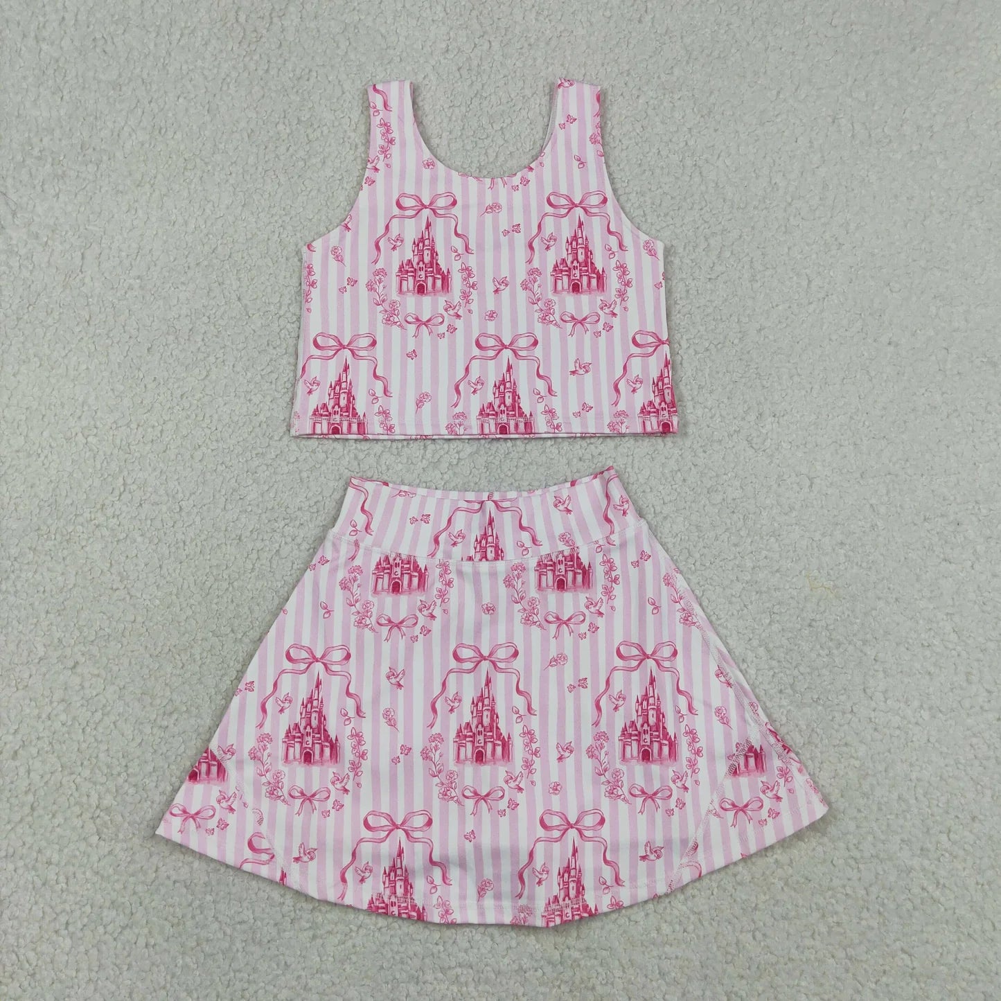 Sibling Baby Girls Sleeveless Bows Castles Vest Skirt Shorts Yoga Active Clothes Sets