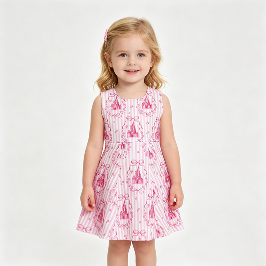 GSD3815 Castle Flowers Bows Stripes Pink Print Girls Summer Shorts Knee Length Yoga Dress