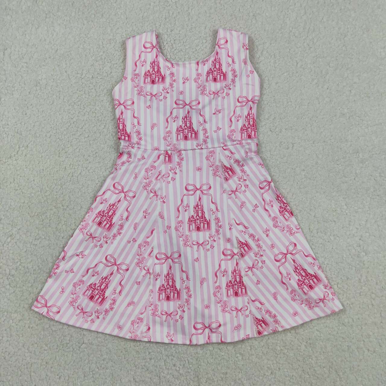 GSD3815 Castle Flowers Bows Stripes Pink Print Girls Summer Shorts Knee Length Yoga Dress