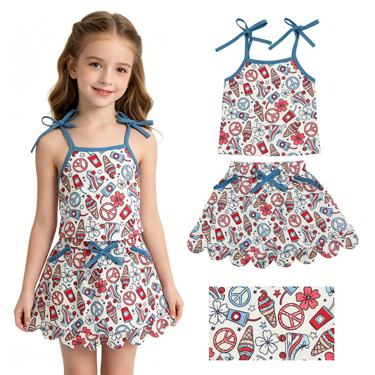 GSD3827 Coffee Ice Cream Strap Top Scallop Edge Skort Girls 4th of July Clothes Set