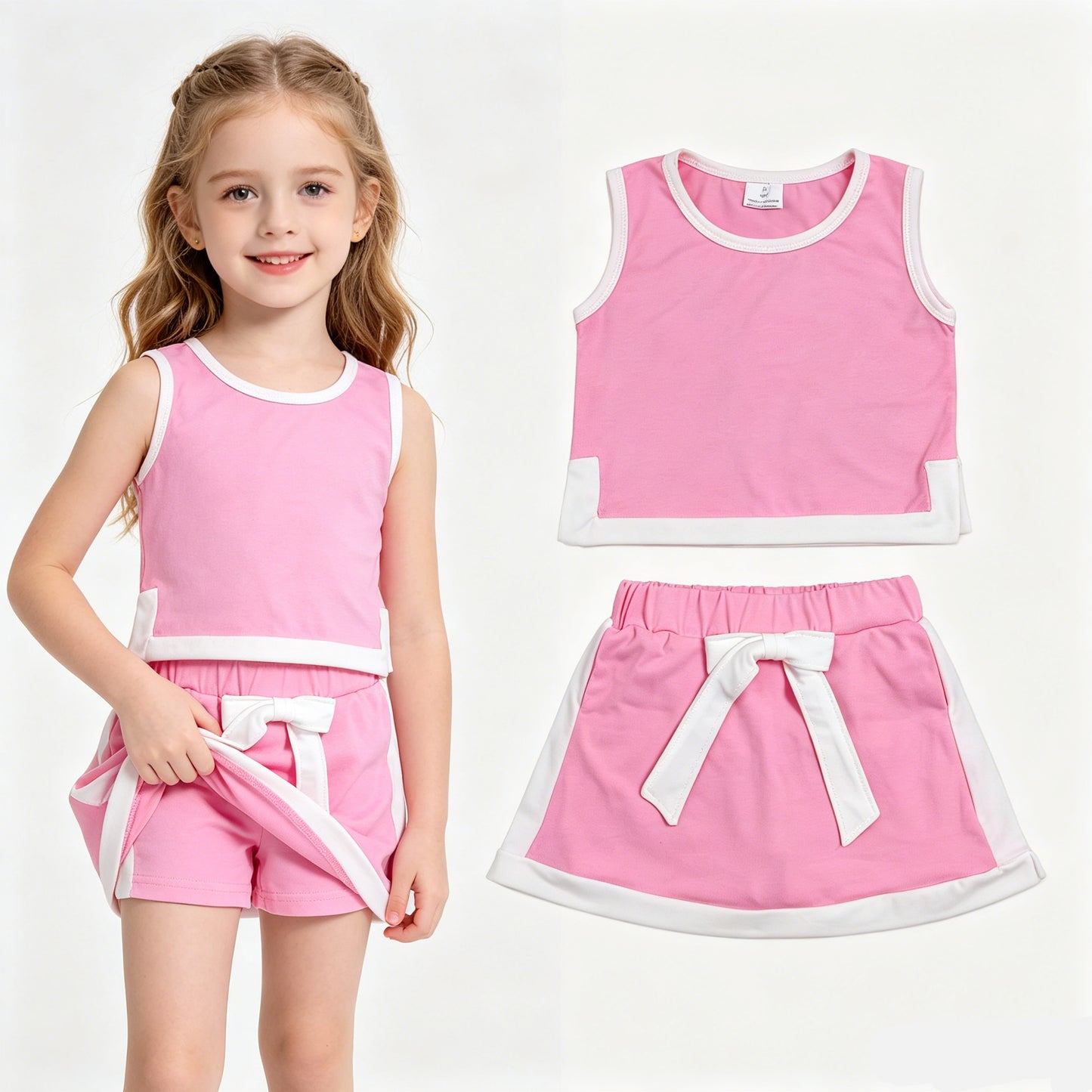 GSD3829 Girls Pink White Contrast Cotton Set - Sleeveless Tank Top with Built-in Shorts Outfit