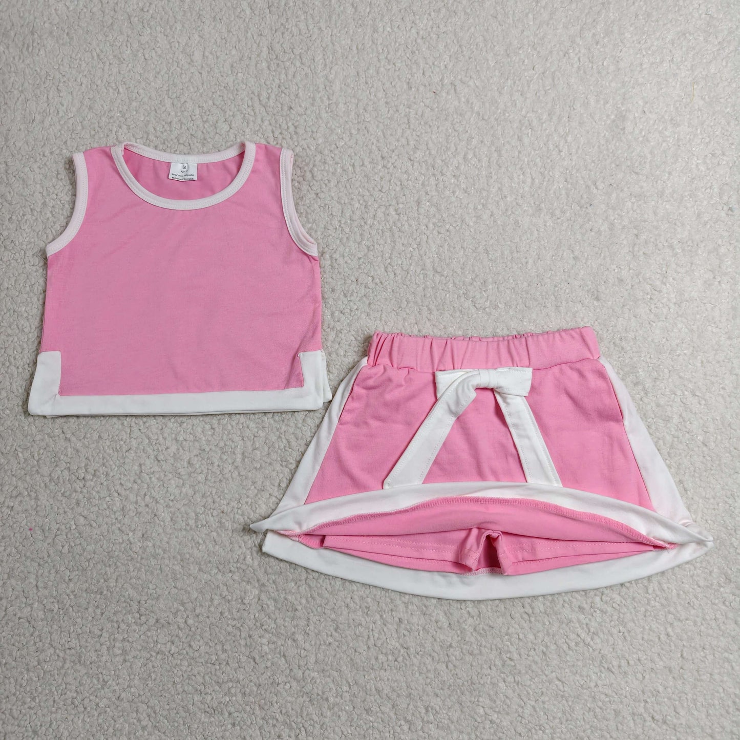 GSD3829 Girls Pink White Contrast Cotton Set - Sleeveless Tank Top with Built-in Shorts Outfit