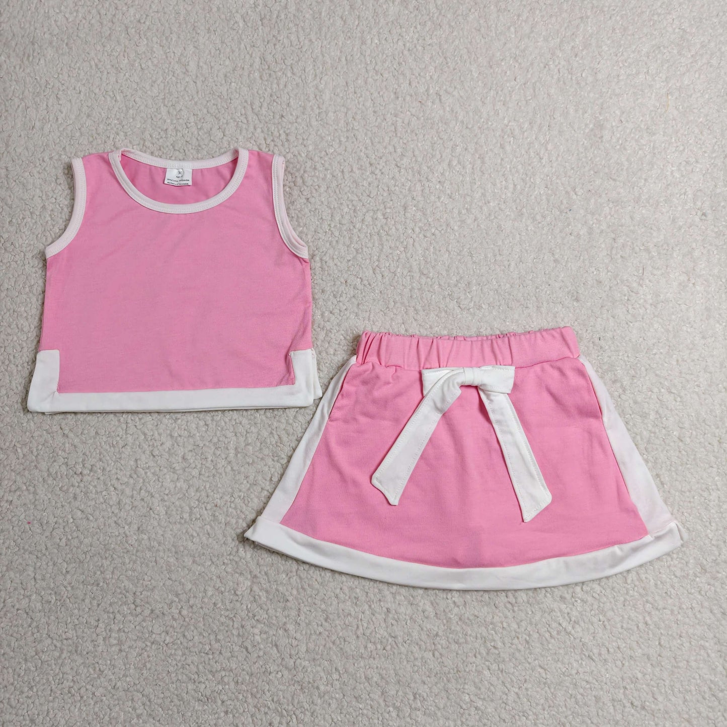 GSD3829 Girls Pink White Contrast Cotton Set - Sleeveless Tank Top with Built-in Shorts Outfit