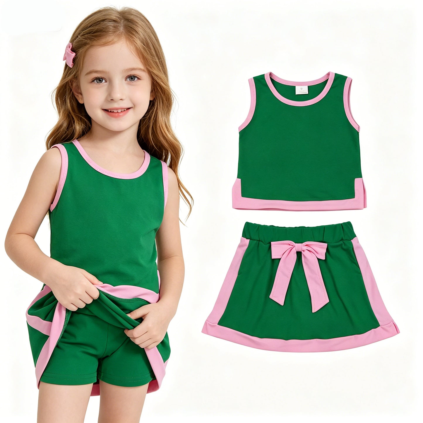GSD3830 Green Pink Tank Top Skort Baby Girls Summer Cotton Clothes Set