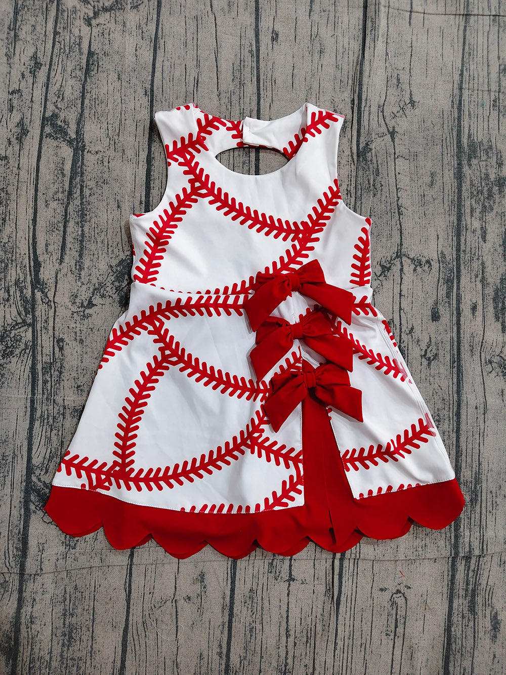 Preorder GSD3833 Baseball Print Girls Summer Bows Knee Length Yoga Dress