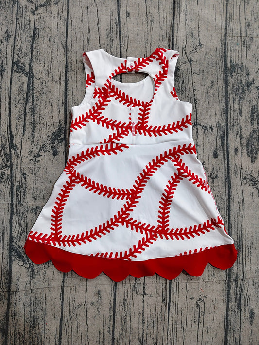 Preorder GSD3833 Baseball Print Girls Summer Bows Knee Length Yoga Dress