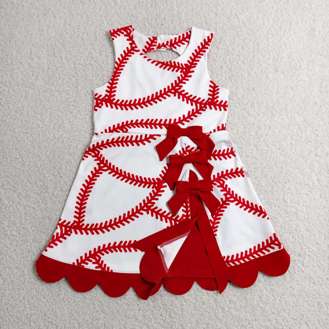 GSD3833 Baseball Print Girls Summer Bows Scallop Knee Length Yoga Dress