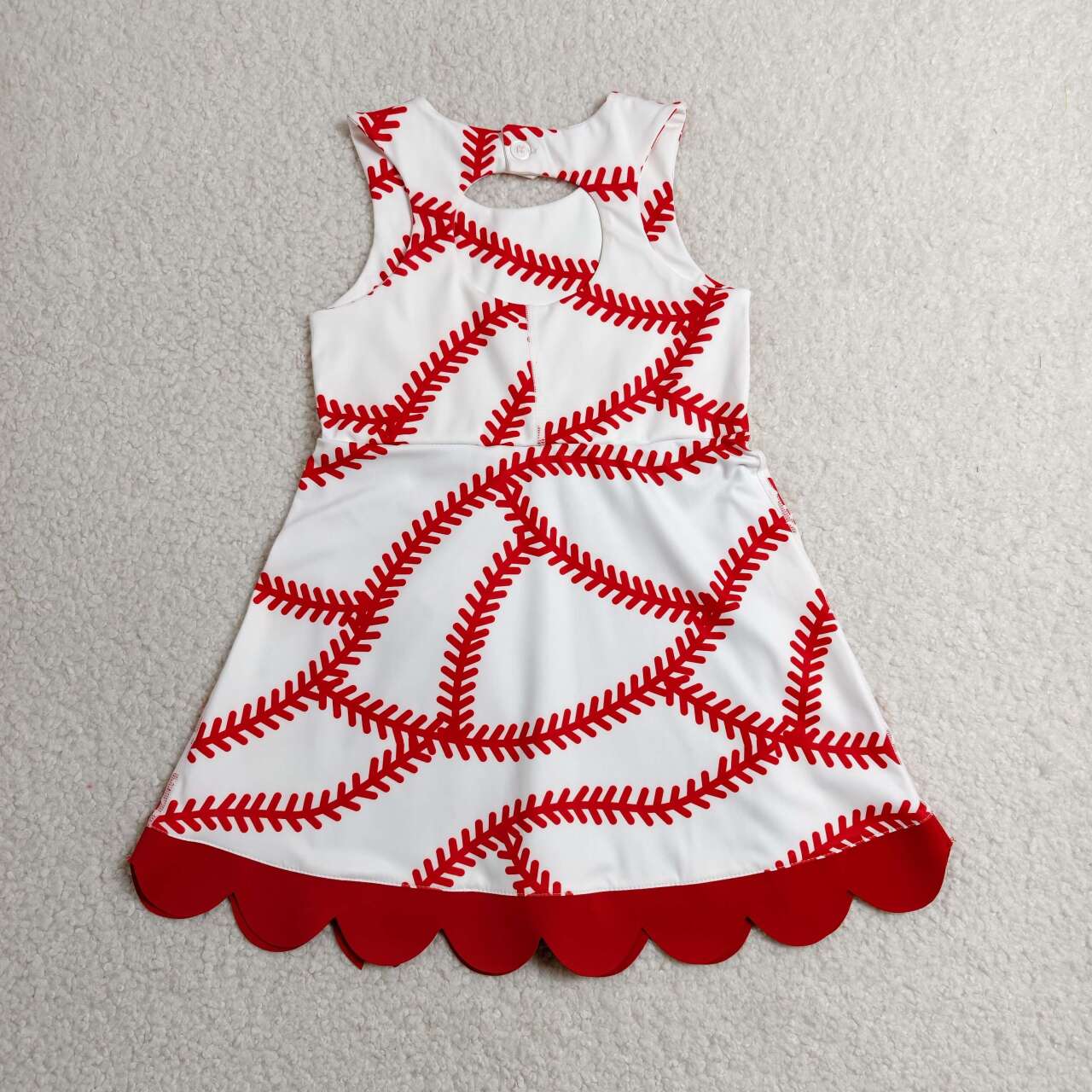 GSD3833 Baseball Print Girls Summer Bows Scallop Knee Length Yoga Dress