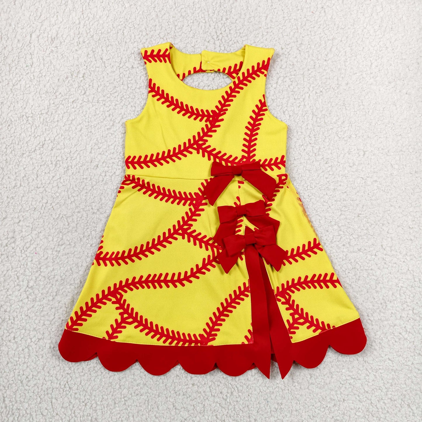 GSD3834 Softball Print Girls Summer Bows Scallop Knee Length Yoga Dress