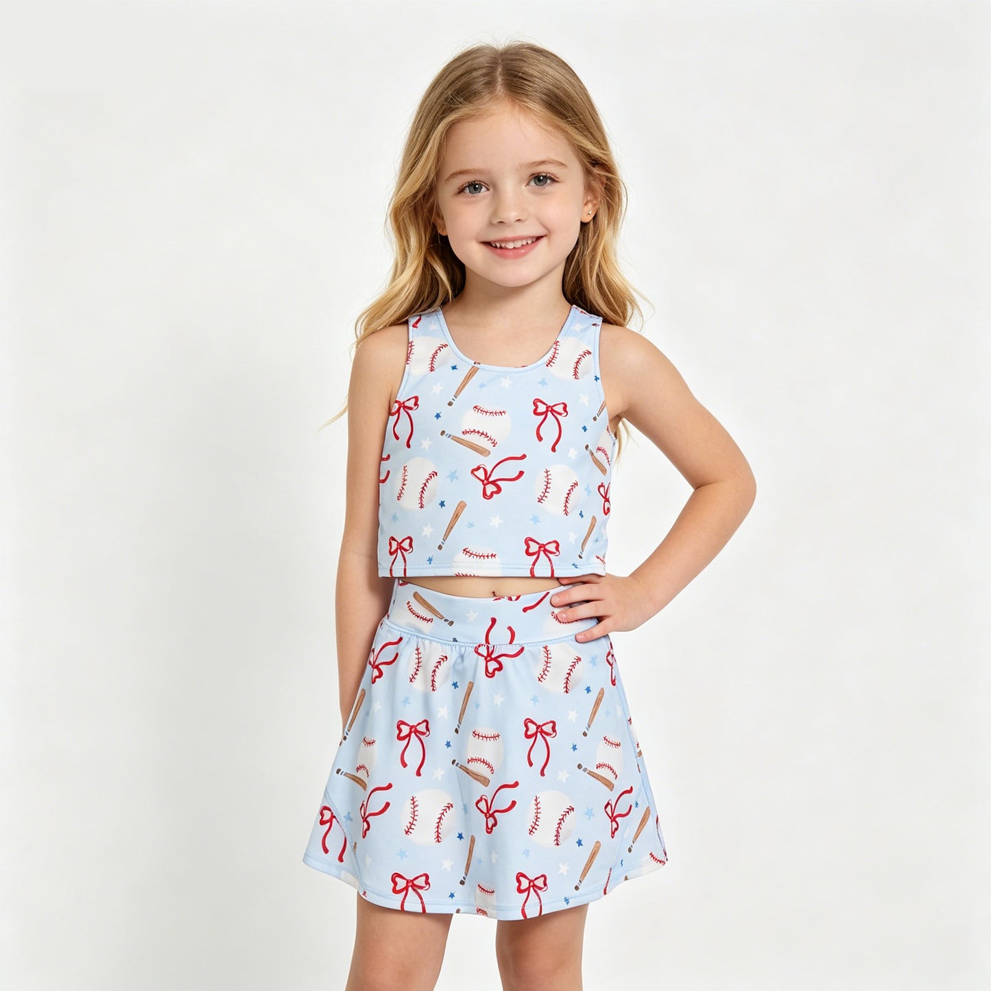 Girls Baseball Print Tank Top & Skort Set - Toddler Cute Sporty Activewear for Summer