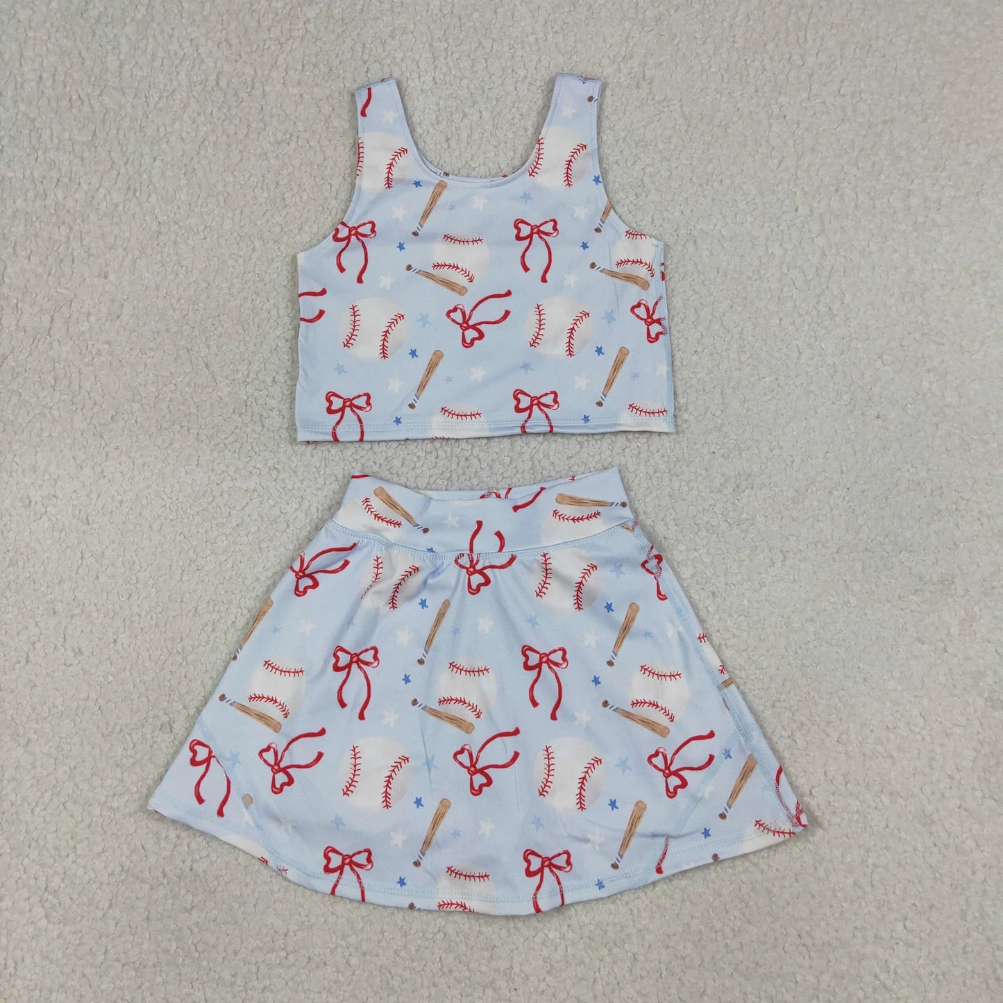 Sibling Baby Girls Bows Baseballs Softballs Top Skirt Short Team Yoga Active Scallop Clothes Sets