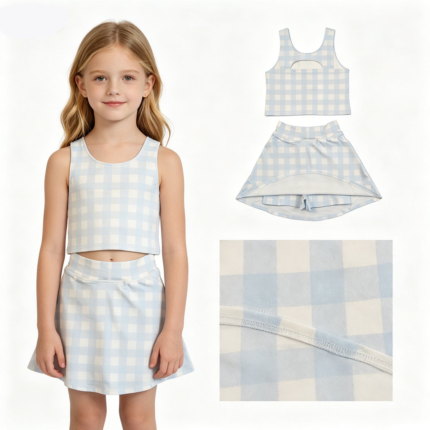 Baby Girls Blue Checked Active Outfits Yoga Tank With Short Skirts Set