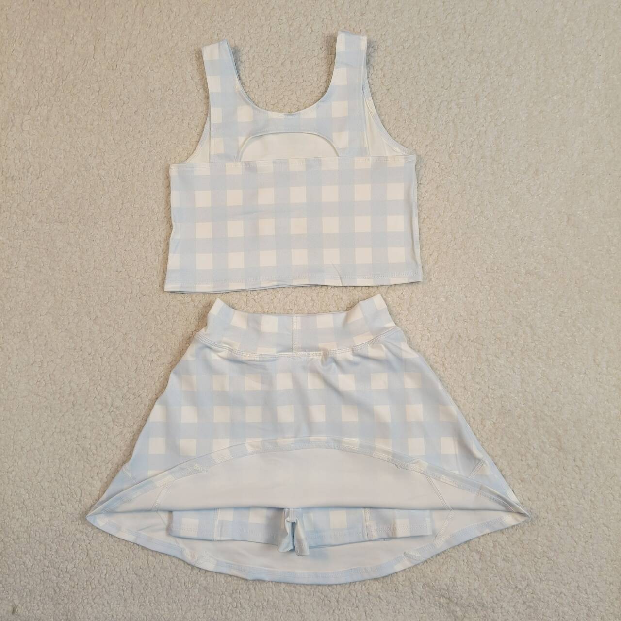 Baby Girls Blue Checked Active Outfits Yoga Tank With Short Skirts Set