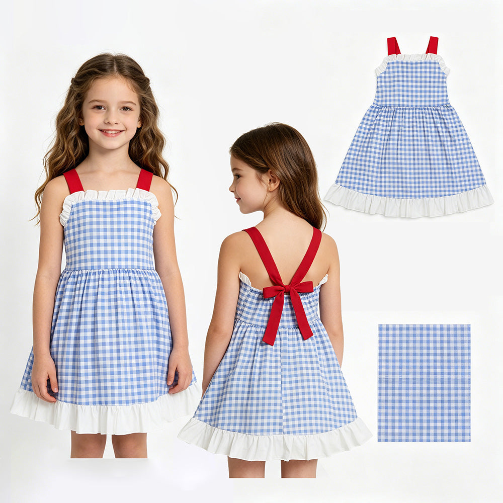 GSD3843 Blue Plaid Red Strap Baby Girls Summer Dress