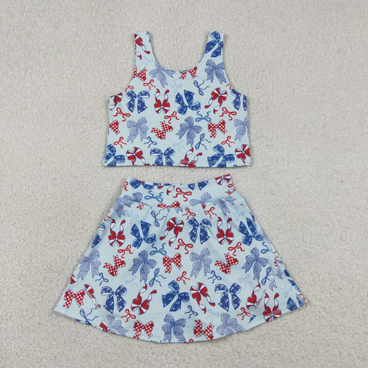 GSD3874 Red Blue Bows Tank Top Skort Girls 4th of July Yoga Clothes Set