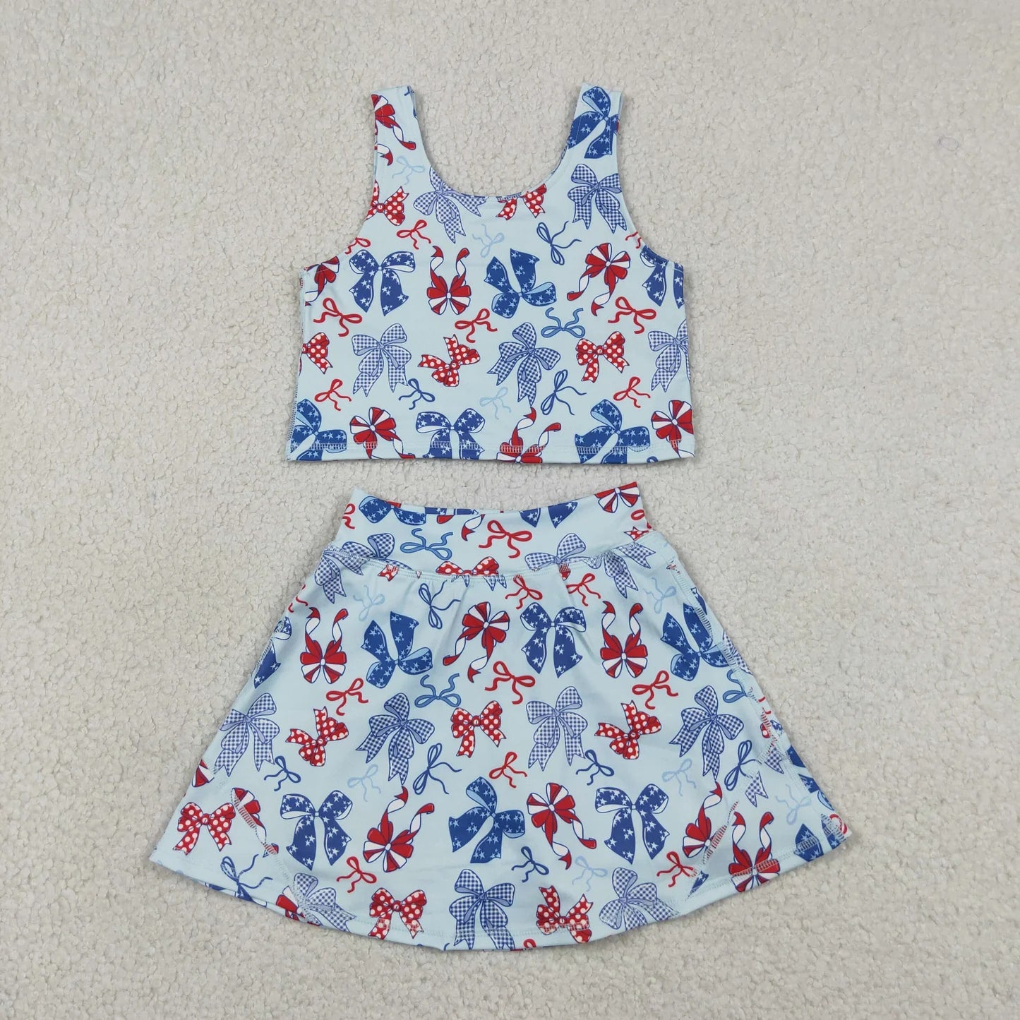 Sibling Baby Girls Flags Bows Vest Top Skirt Shorts 4th of July Yoga Active Clothes Sets