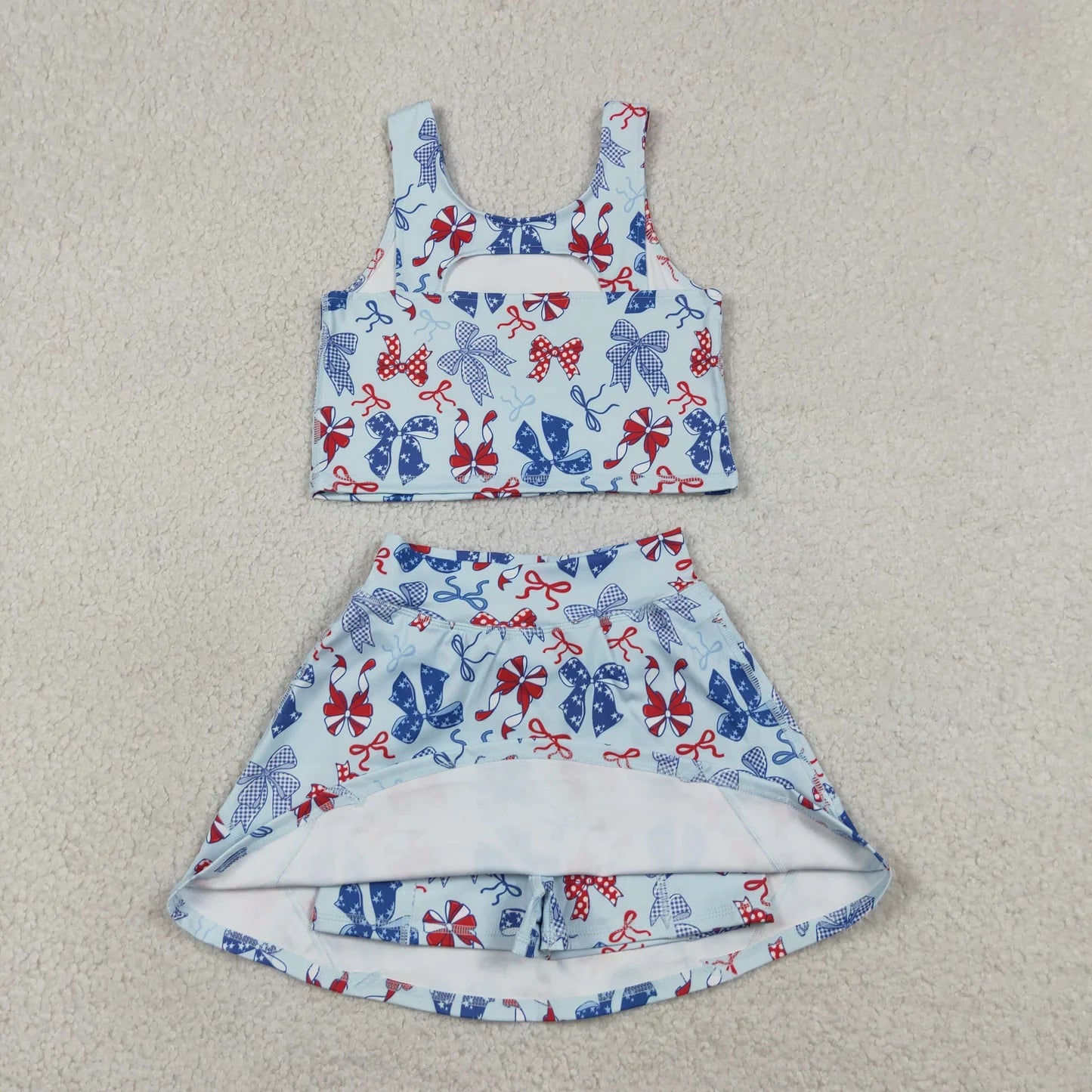 Sibling Baby Girls Flags Bows Vest Top Skirt Shorts 4th of July Yoga Active Clothes Sets
